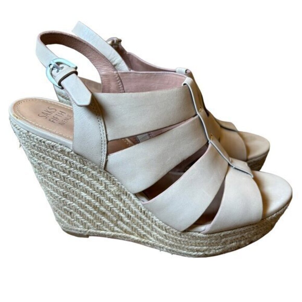 Saks‎ Fifth Avenue Leather Cream Platform Shoes Espadrille Sandals Strappy 10